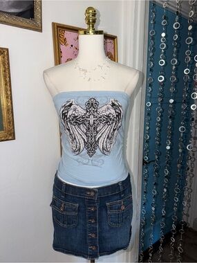 Vintage Y2K Strapless Light Blue Graphic Wing Tube Top